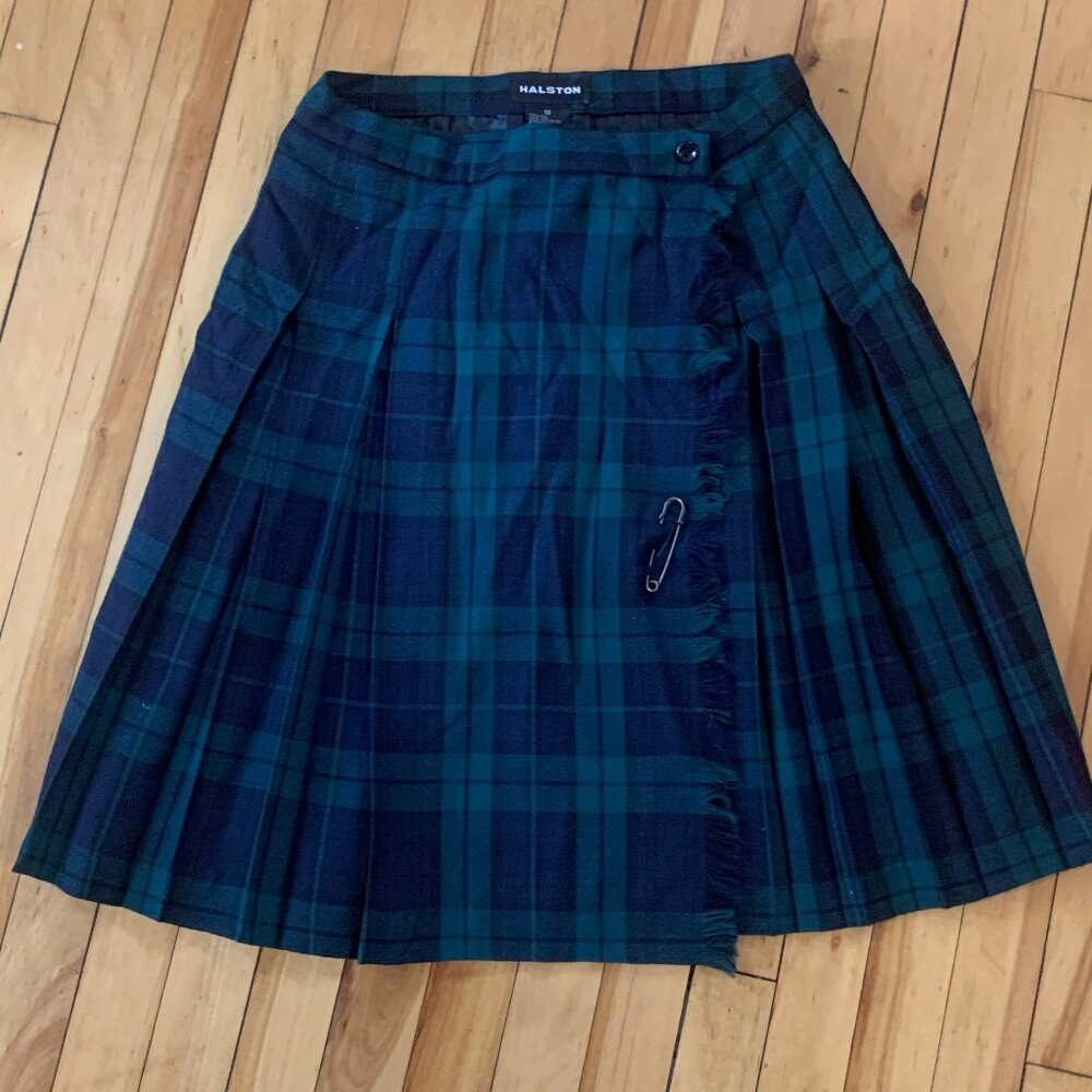 Halston Navy and Hunter Green Plaid Wool Skirt